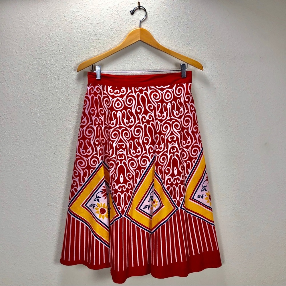 Studio West Red White Yellow Print Full Midi Skirt